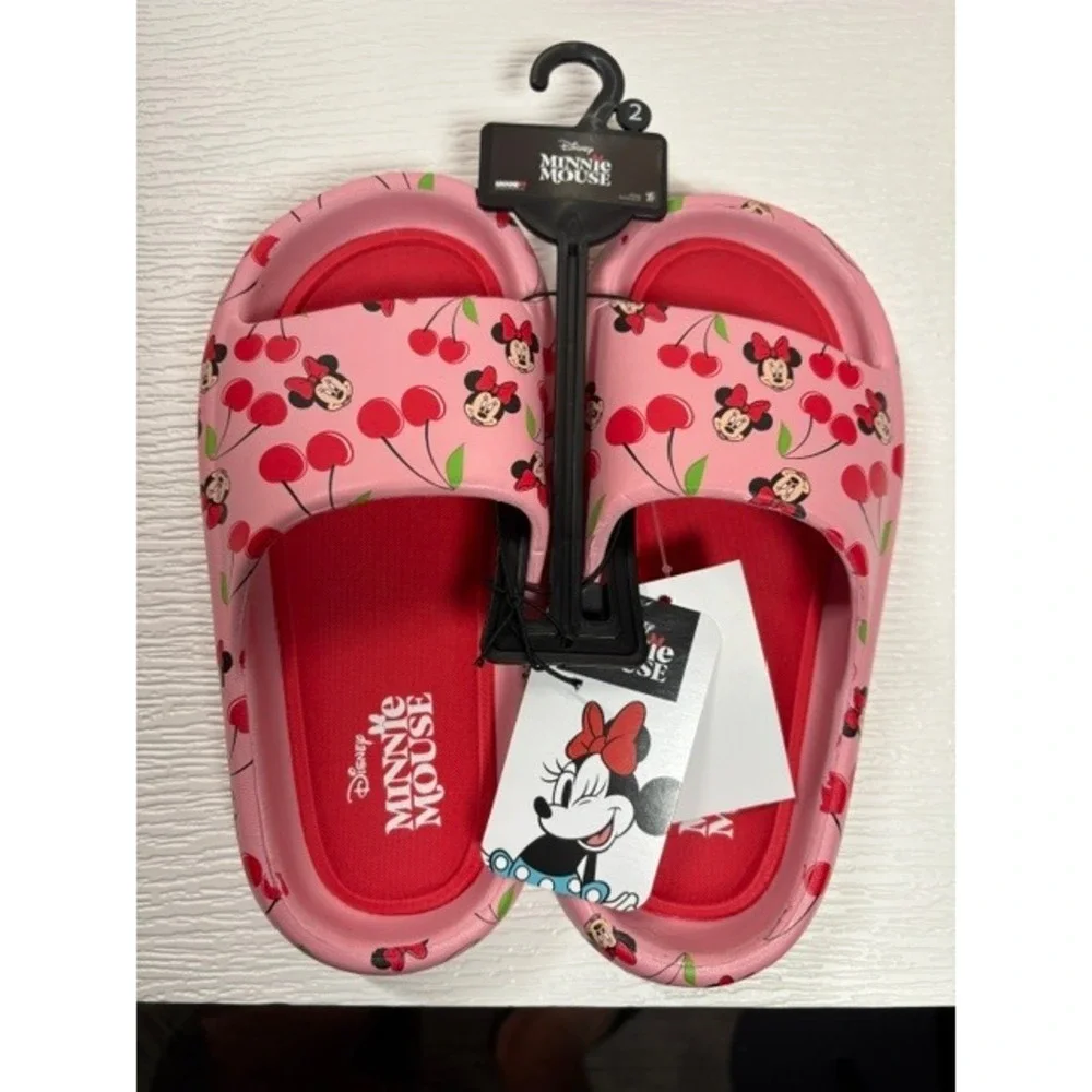 Disney Minnie Mouse Cherry Print Pink Slide Sandals Girls Size 2 NWT wS0012